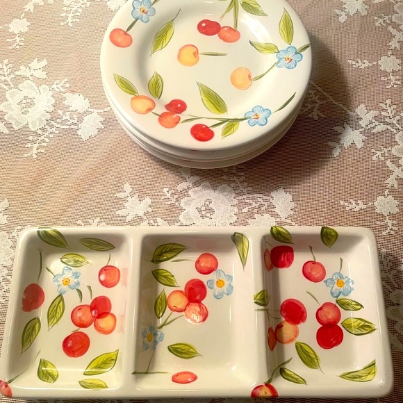 Vintage Tabletops Gallery Cherry Blossom Hand Painted 4 Plates and Serving Dish - Picture 6 of 9